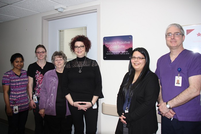 Left to Rt:  Binnit Joy, RN; Lenay Hunking, RN; Myrna Letrouneau, Co-Coordinator GDH Volunteer Services; Laurie Heerema, CNE; Candice Bottle, Social Worker & Greenstone Community Palliative Care Team Chair; Leonard Poirier, RPN. Missing from photo: Paul Cloutier, Sonia Belisle and Sally Tenhoeve. 